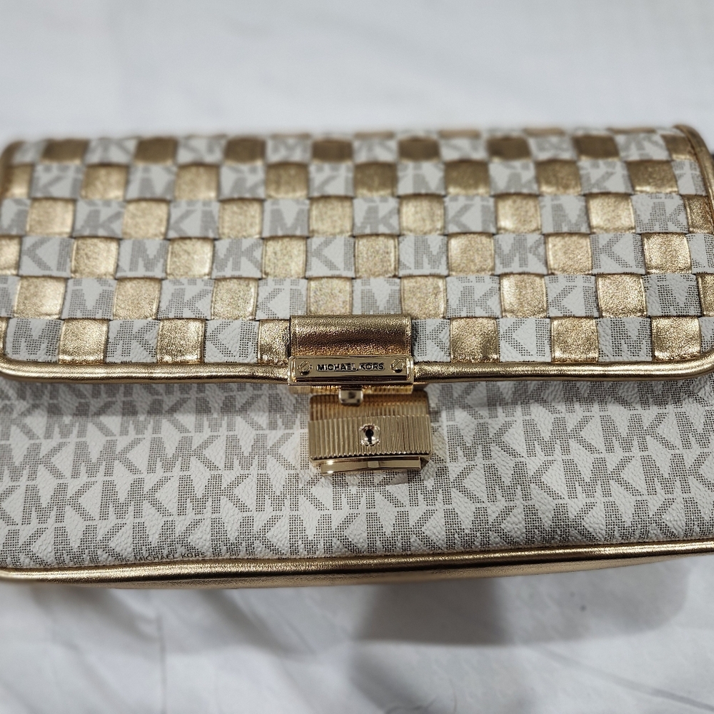 Michael Kors Gold and Cream Checkered Clutch